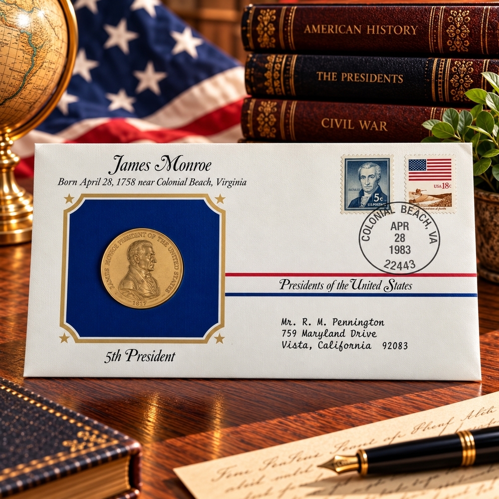 James Monroe 5th President Postal Commemorative Society Gold Medal Cover